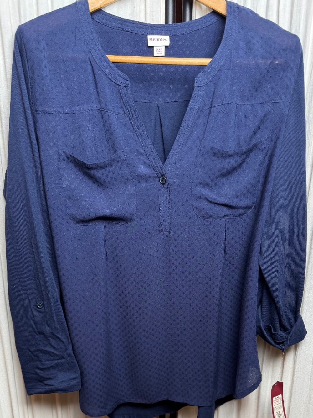 Merona XXL Navy Textured Roll Tab Blouse NWT | Long Sleeve Henley Top